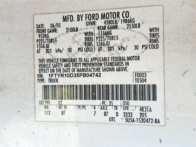 1FTYR10D35PB04742 - 2005 FORD RANGER WHITE photo 10