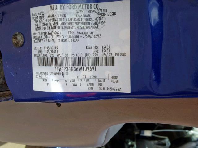 1FAFP34N36W109691 - 2006 FORD FOCUS ZX4 BLUE photo 10