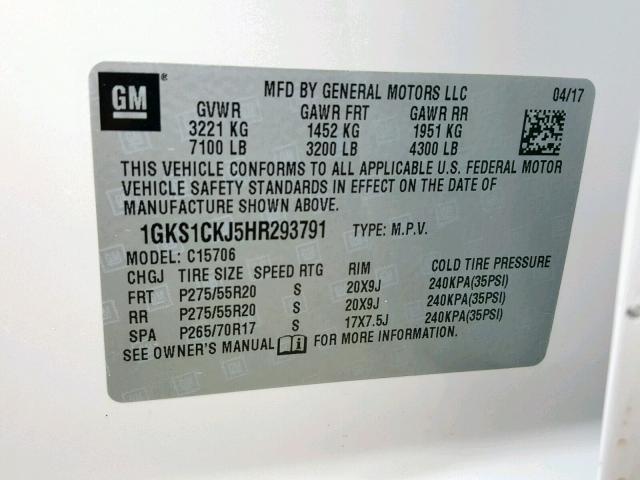 1GKS1CKJ5HR293791 - 2017 GMC YUKON DENA WHITE photo 10