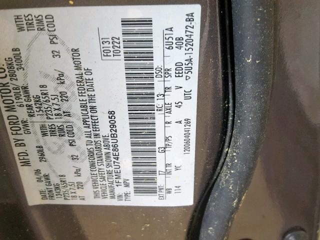 1FMEU74E86UB29058 - 2006 FORD EXPLORER E GRAY photo 10