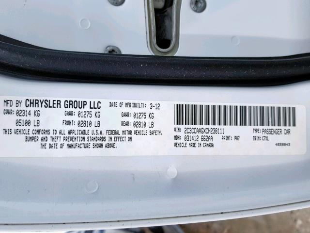 2C3CCAAGXCH238111 - 2012 CHRYSLER 300 WHITE photo 10