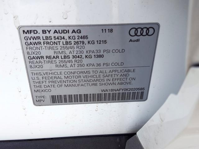 WA1BNAFY0K2020585 - 2019 AUDI Q5 PREMIUM PLUS  photo 10