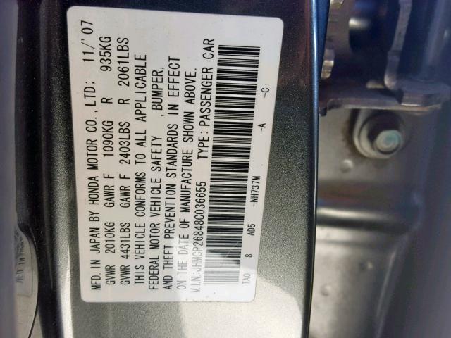 JHMCP26848C036655 - 2008 HONDA ACCORD EXL GRAY photo 10