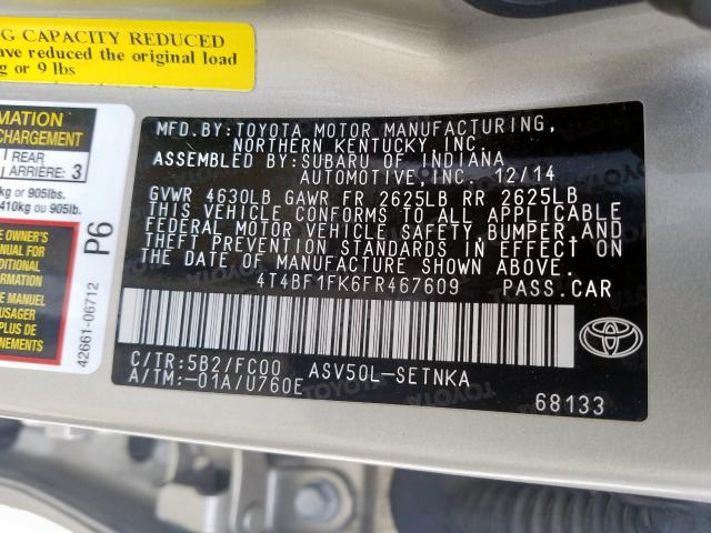 4T4BF1FK6FR467609 - 2015 TOYOTA CAMRY LE  photo 10