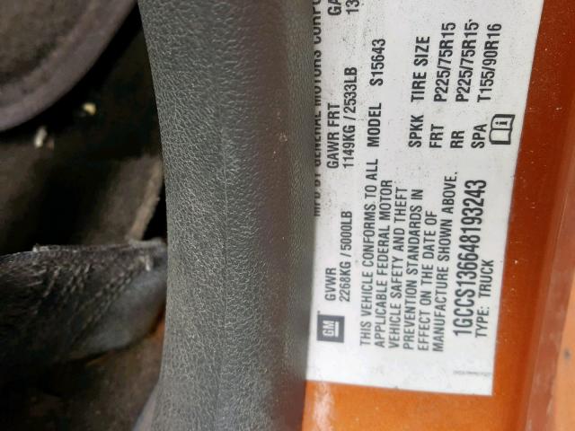 1GCCS136648193243 - 2004 CHEVROLET COLORADO ORANGE photo 10