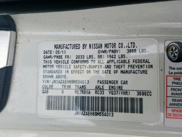 JN1AZ4EH6BM554013 - 2011 NISSAN 370Z BASE WHITE photo 10