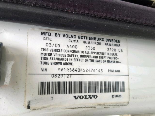 YV1RS640452476143 - 2005 VOLVO S60 WHITE photo 10