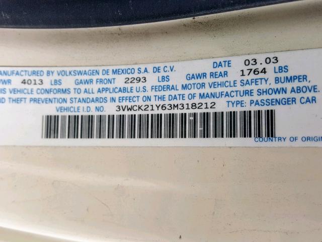 3VWCK21Y63M318212 - 2003 VOLKSWAGEN NEW BEETLE Sarı foto 10