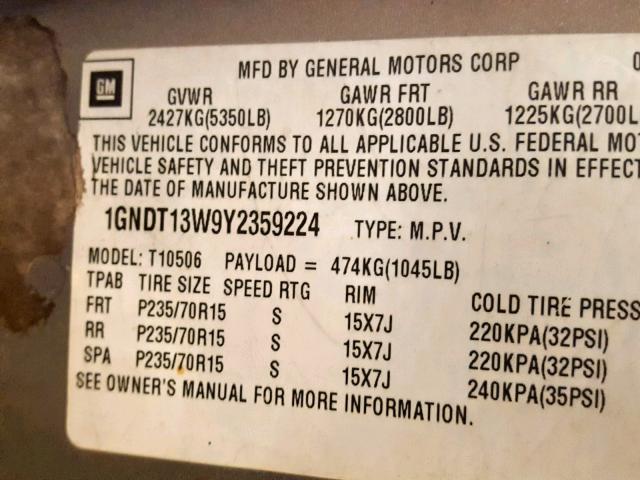 1GNDT13W9Y2359224 - 2000 CHEVROLET BLAZER TAN photo 10