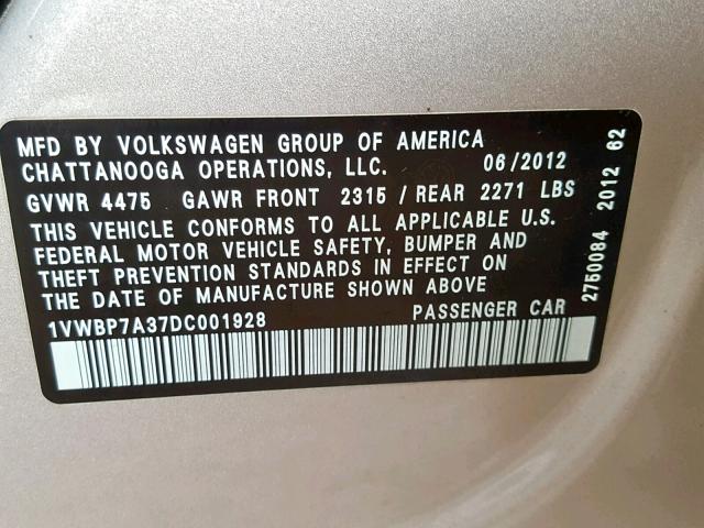 1VWBP7A37DC001928 - 2013 VOLKSWAGEN PASSAT SE SILVER photo 10