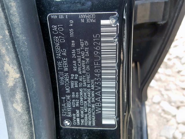 WBAAV33481FU96215 - 2001 BMW 325 I BLACK photo 10