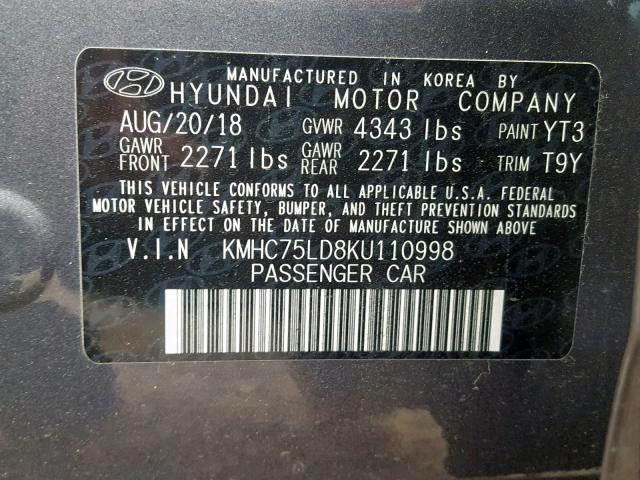 KMHC75LD8KU110998 - 2019 HYUNDAI IONIQ LIMI GRAY photo 10