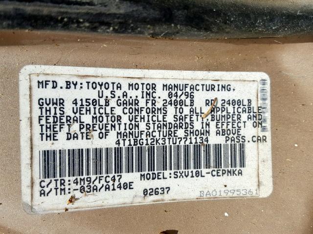 4T1BG12K3TU771134 - 1996 TOYOTA CAMRY DX GOLD photo 10