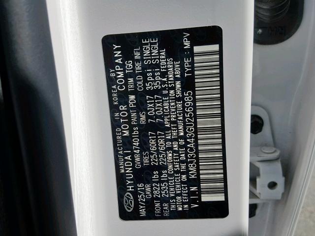 KM8J3CA43GU256985 - 2016 HYUNDAI TUCSON LIM WHITE photo 10