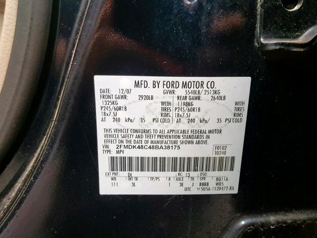 2FMDK48C48BA38175 - 2008 FORD EDGE SEL BLUE photo 10