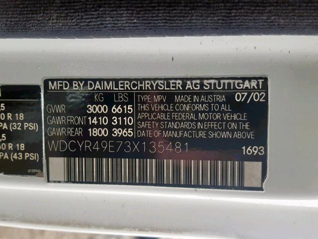 WDCYR49E73X135481 - 2003 MERCEDES-BENZ G 500 WHITE photo 10