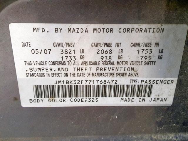 JM1BK32F771768472 - 2007 MAZDA 3 I GRAY photo 10