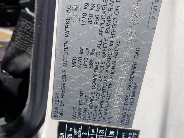 WBAAE5400H1693992 - 1987 BMW 325 BASE WHITE photo 10