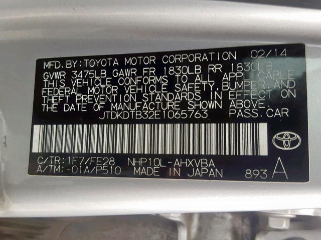 JTDKDTB32E1065763 - 2014 TOYOTA PRIUS C SILVER photo 10