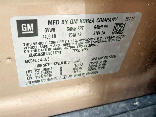 KL4CJESB1JB571731 - 2018 BUICK ENCORE PRE GOLD photo 10