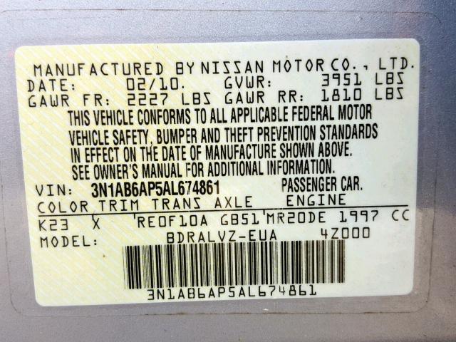 3N1AB6AP5AL674861 - 2010 NISSAN SENTRA 2.0 SILVER photo 10