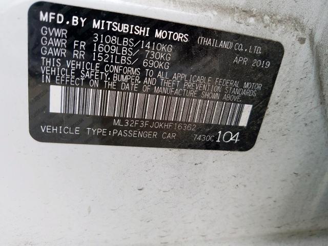 ML32F3FJ0KHF16362 - 2019 MITSUBISHI MIRAGE G4 ES  photo 10