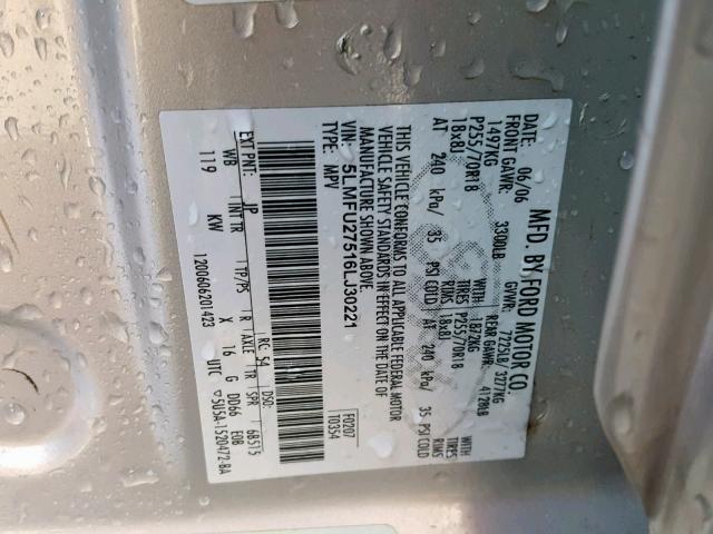 5LMFU27516LJ30221 - 2006 LINCOLN NAVIGATOR 银色 照片 10