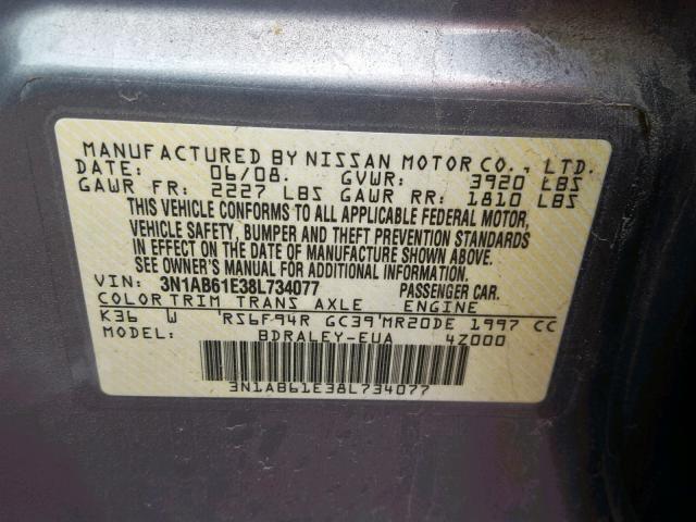 3N1AB61E38L734077 - 2008 NISSAN SENTRA 2.0 GRAY photo 10