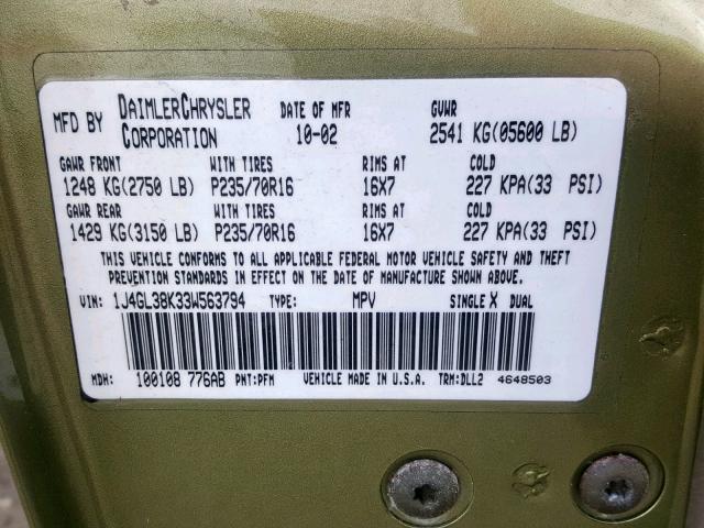 1J4GL38K33W563794 - 2003 JEEP LIBERTY RE GREEN photo 10