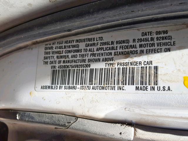 4S3BD6754V6205309 - 1997 SUBARU LEGACY GT WHITE photo 10