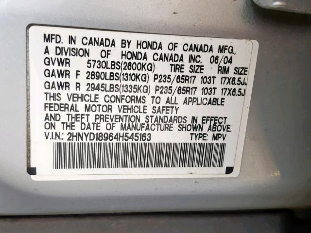 2HNYD18964H545163 - 2004 ACURA MDX TOURIN SILVER photo 10