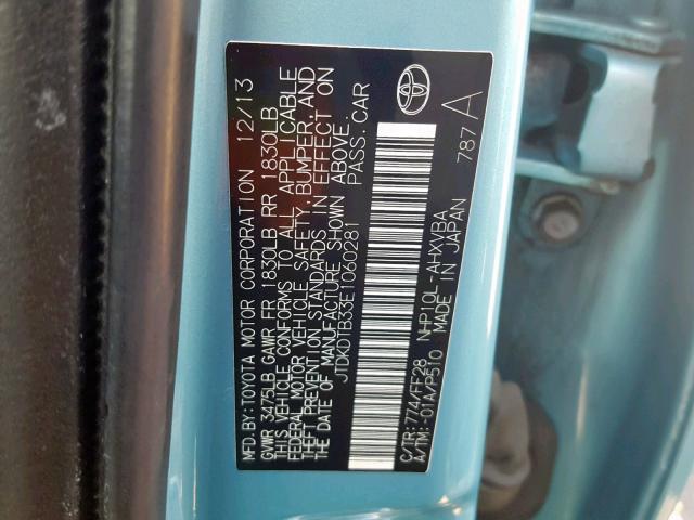 JTDKDTB33E1060281 - 2014 TOYOTA PRIUS C TEAL photo 10