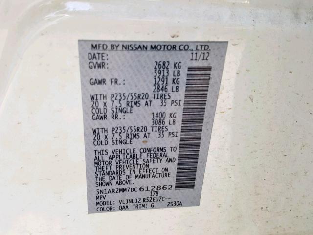 5N1AR2MM7DC612862 - 2013 NISSAN PATHFINDER WHITE photo 10