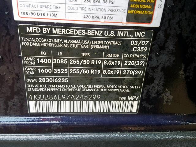 4JGBB86E97A245299 - 2007 MERCEDES-BENZ ML 350 BLUE photo 10