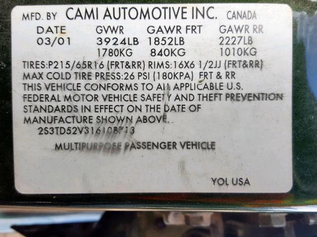 2S3TD52V316108713 - 2001 SUZUKI VITARA JX GREEN photo 10