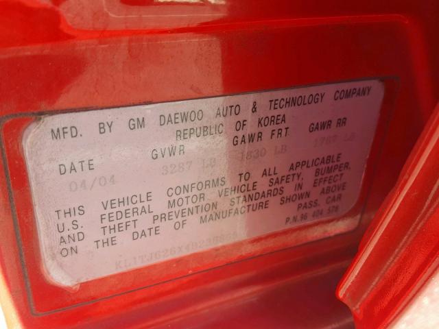 KL1TJ626X4B236865 - 2004 CHEVROLET AVEO LS RED photo 10