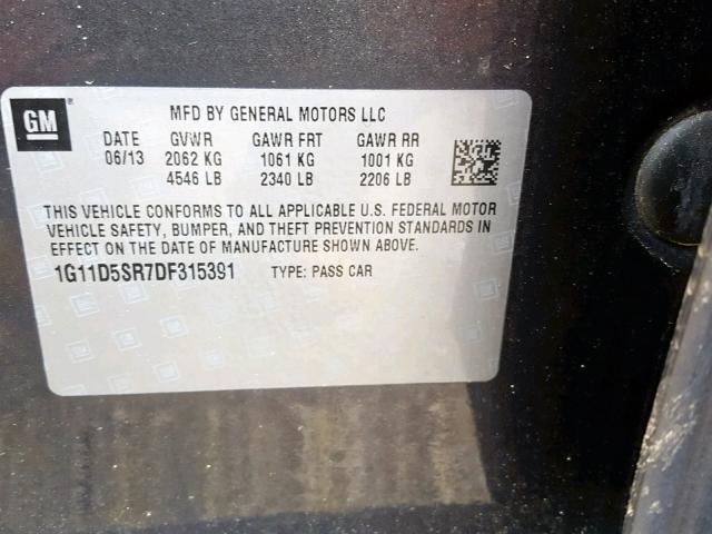 1G11D5SR7DF315391 - 2013 CHEVROLET MALIBU 1LT GRAY photo 10