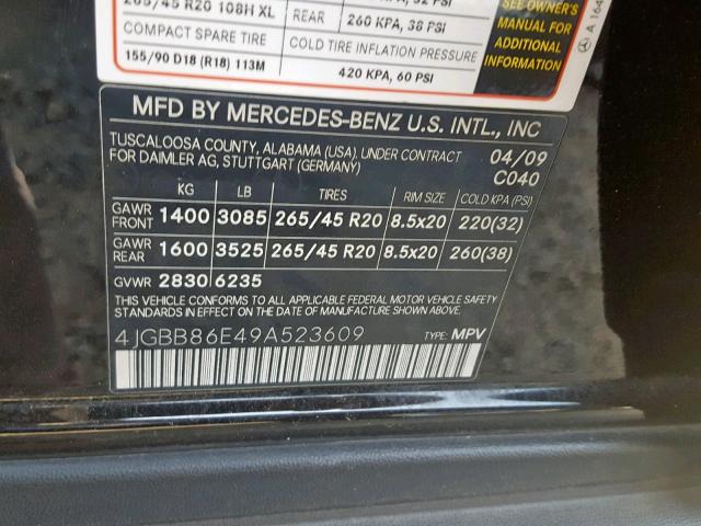 4JGBB86E49A523609 - 2009 MERCEDES-BENZ ML 350 BLACK photo 10