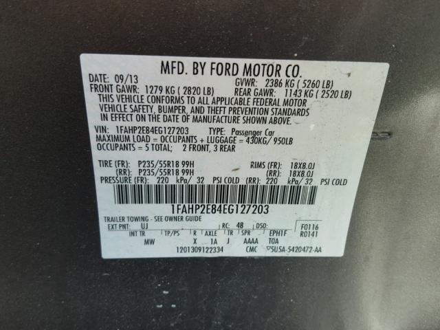 1FAHP2E84EG127203 - 2014 FORD TAURUS SEL GRAY photo 10