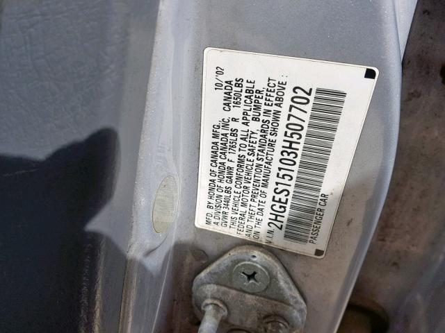 2HGES15103H507702 - 2003 HONDA CIVIC DX SILVER photo 10