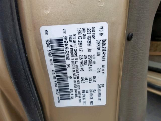 2B4GP44391R277921 - 2001 DODGE GRAND CARA GOLD photo 10