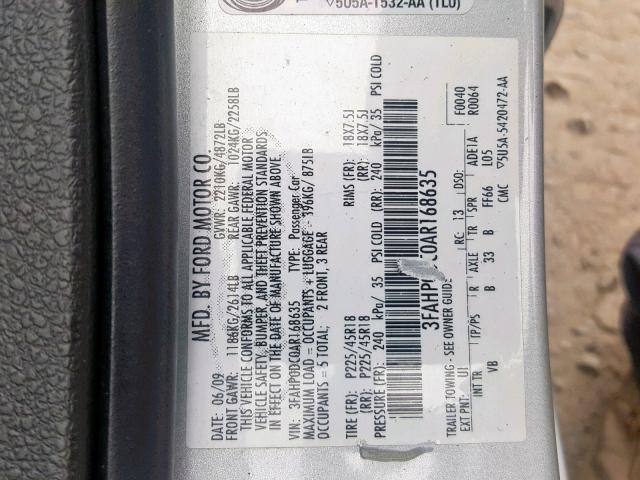 3FAHP0DC0AR168635 - 2010 FORD FUSION SPO SILVER photo 10