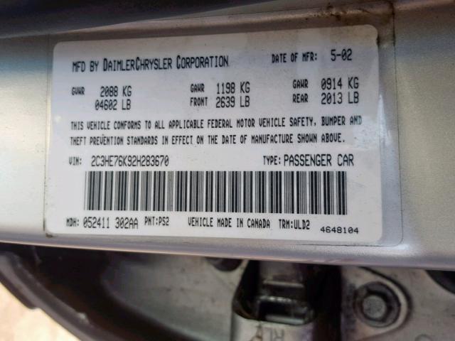 2C3HE76K92H283670 - 2002 CHRYSLER 300M SPECI SILVER photo 10