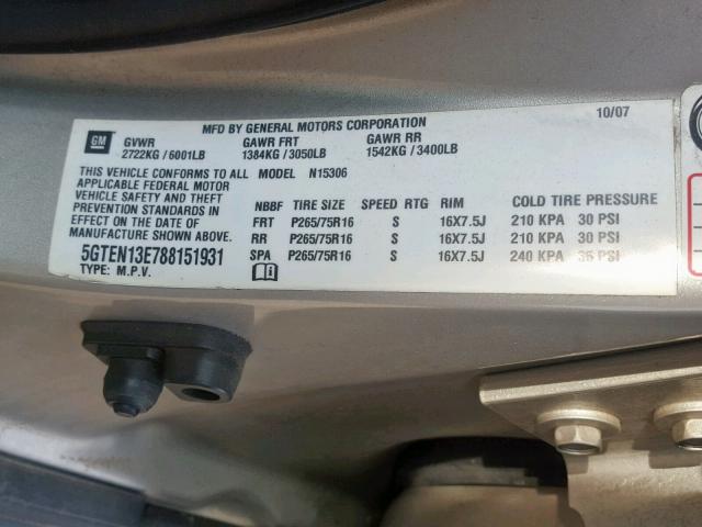 5GTEN13E788151931 - 2008 HUMMER H3 GRAY photo 10