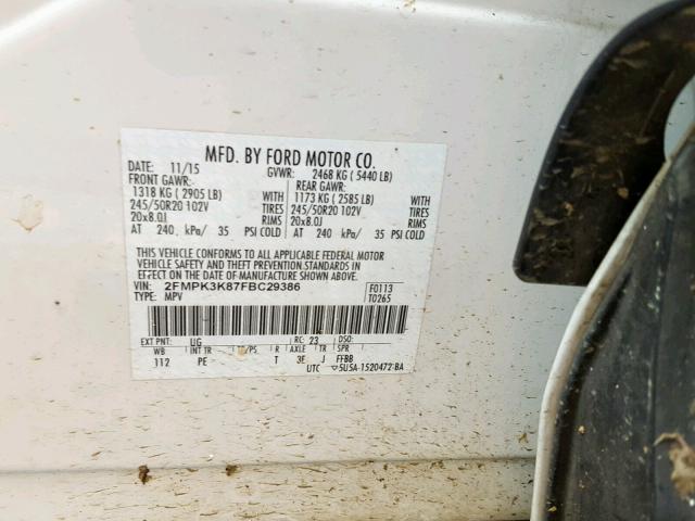 2FMPK3K87FBC29386 - 2015 FORD EDGE TITAN WHITE photo 10