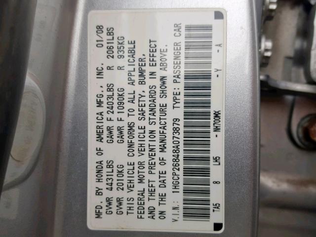 1HGCP26848A073879 - 2008 HONDA ACCORD EXL GRAY photo 10