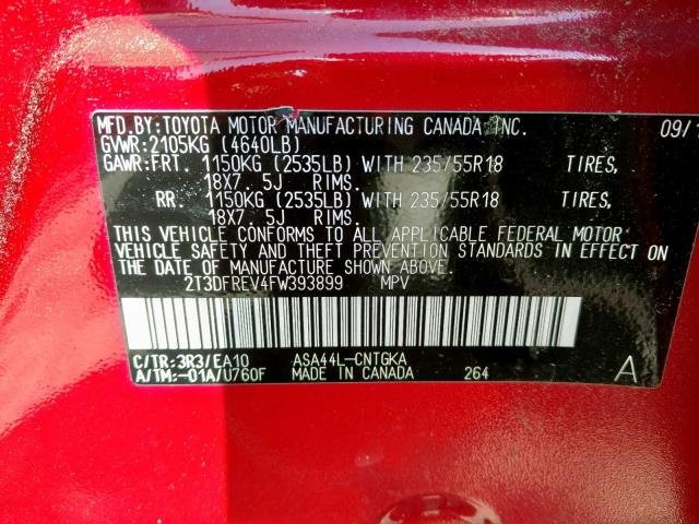 2T3DFREV4FW393899 - 2015 TOYOTA RAV4 LIMIT RED photo 10