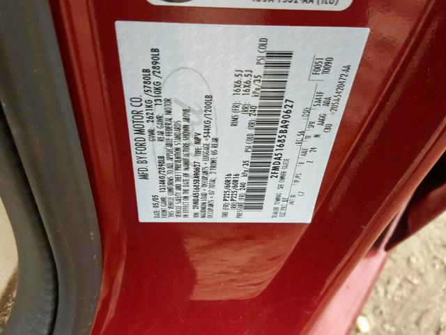 2FMDA51685BA90627 - 2005 FORD FREESTAR S BURGUNDY photo 10