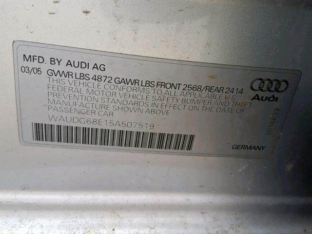 WAUDG68E15A507519 - 2005 AUDI A4 3.2 QUA SILVER photo 10