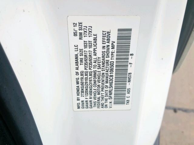 5FNRL5H63CB106503 - 2012 HONDA ODYSSEY EX WHITE photo 10